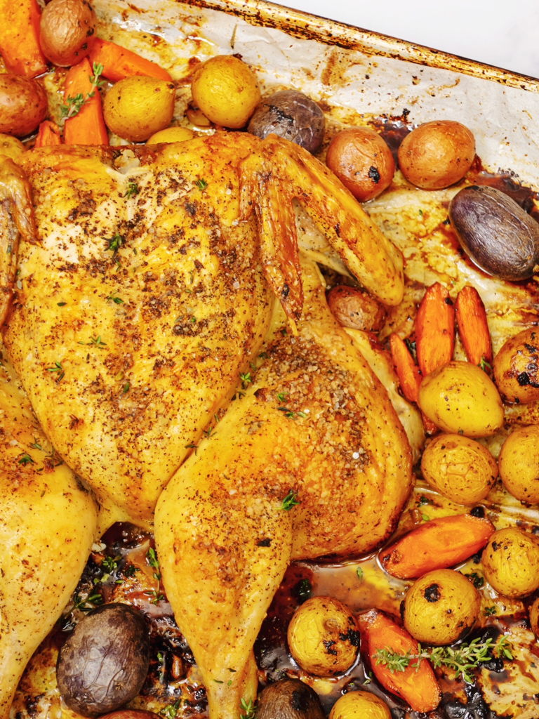 Sheet-Pan-Whole-Roasted-Chicken-and-Petit-Potatos-Carrots